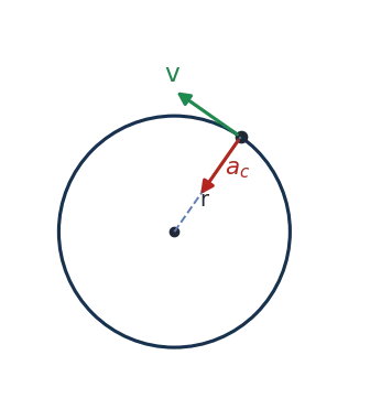 Circle with velocity v tangent and centripetal acceleration a_c toward centre