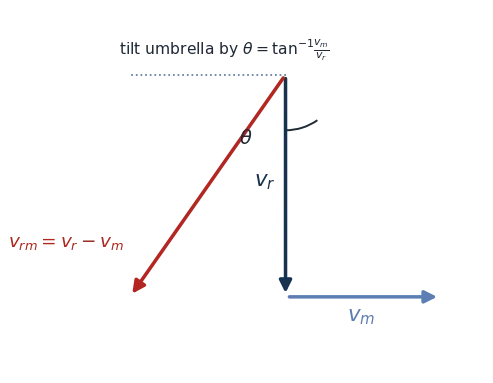 Rain v_r down, man v_m horizontal, relative velocity v_rm, umbrella tilt theta