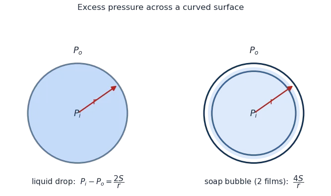 Excess pressure inside a liquid drop is 2S/r and inside a soap bubble (two films) is 4S/r