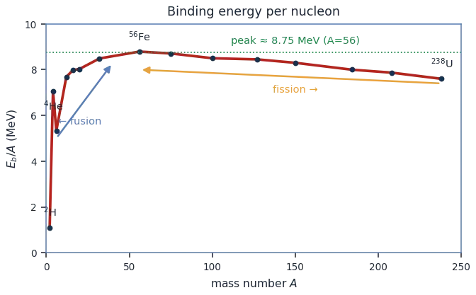 Binding energy per nucleon versus mass number: rises steeply, peaks about 8.75 MeV near iron-56, then slowly falls; heavy nuclei release energy by fission, light nuclei by fusion
