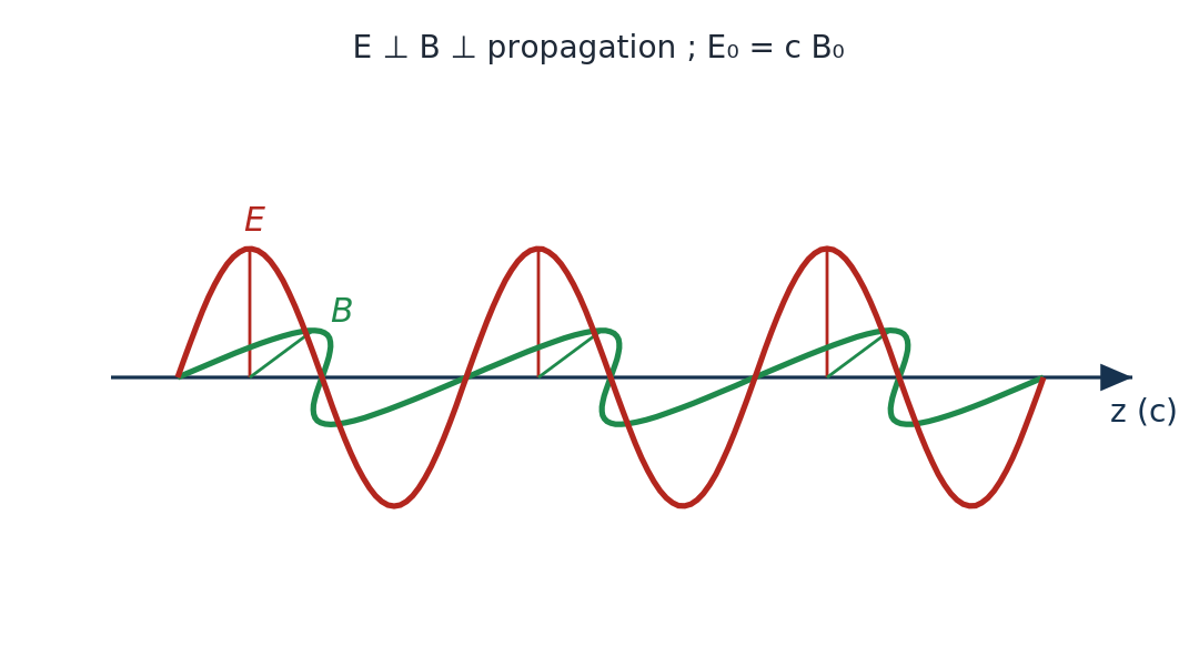 Electric field along x and magnetic field along y, both sinusoidal and in phase, propagating along z