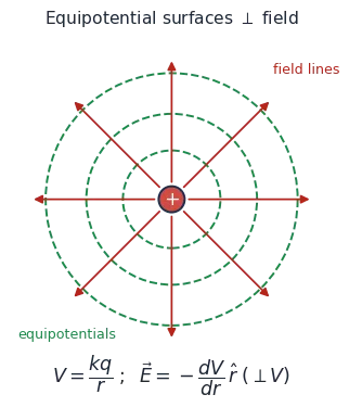 Concentric equipotential circles around a point charge, perpendicular to the radial field lines